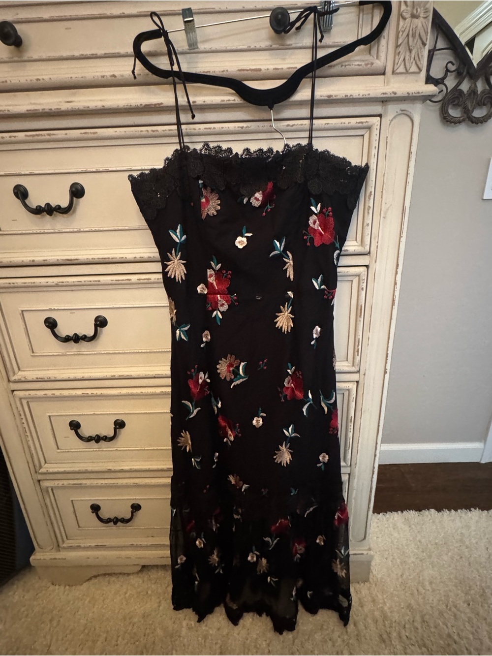 BB Dakota Black Strapless Slip Dress with Red and Cream Floral Embroidery